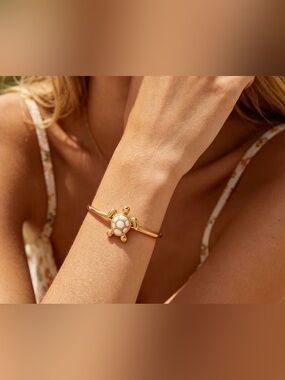 Gold Bracelet with White Enamel Turtle Charm